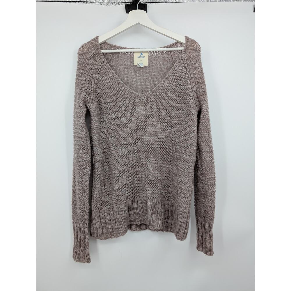 Aerie V-Neck Open Weave Long Sleeve Pull Over Sweater Women's Large Tan